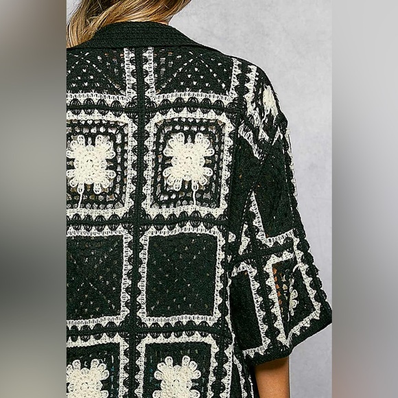 POL Button Down Openwork Floral Crochet Shirt with Granny Square Pattern - Picture 4 of 5